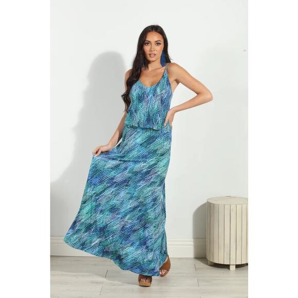 Veronica M Blue Drop Waist Maxi Zig Zag Racerback Dress X-Small - Picture 6 of 6